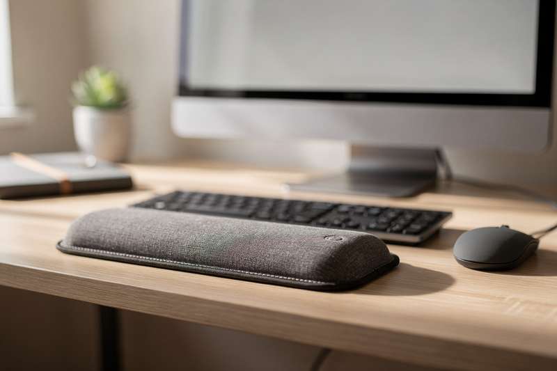 Ergonomic memory foam wrist rest positioned in front of a keyboard for comfortable typing support.