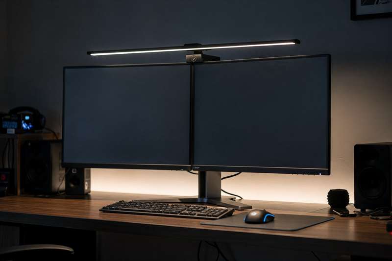 Monitor light bar positioned above screen casting even illumination across dark streaming studio setup.