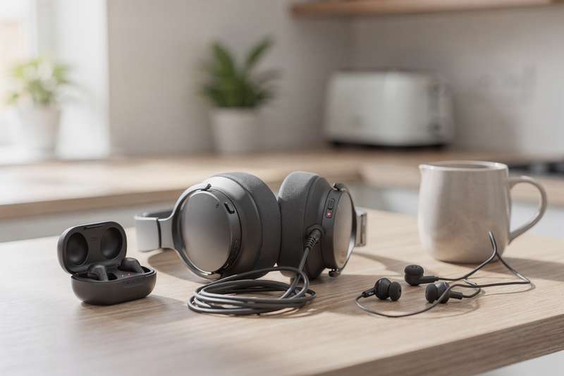 Budget-friendly wireless earphones and over-ear headphones displayed with UK pricing information for 2026.