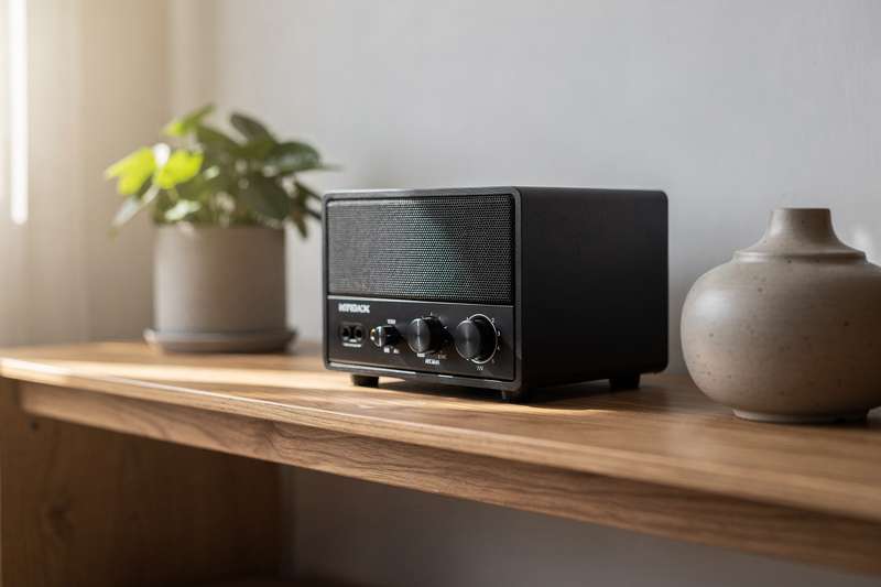 Compact budget hi-fi speaker system displaying clear sound quality indicators and measurement scales on display panel.