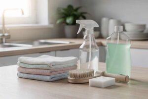 Budget-friendly cleaning products arranged on a white surface showing effective household solutions under thirty pounds.