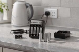 Compact battery charger with four AA batteries installed on wooden surface next to retail packaging.