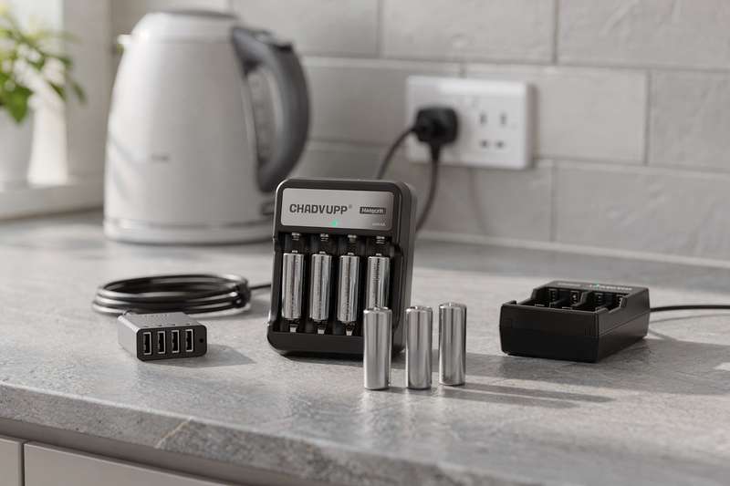 Compact battery charger with four AA batteries installed on wooden surface next to retail packaging.