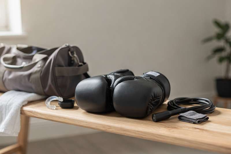 Affordable boxing gloves and hand wraps displayed on a gym mat for budget-conscious UK fitness enthusiasts.