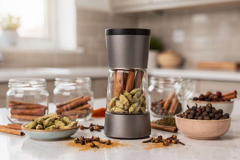 Compact electric spice grinder with whole cinnamon sticks and cardamom pods displayed beside it on a kitchen counter.