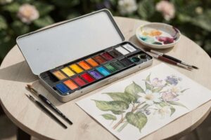 Professional half-pan watercolour palette arranged with vibrant pigments suitable for detailed botanical painting techniques.