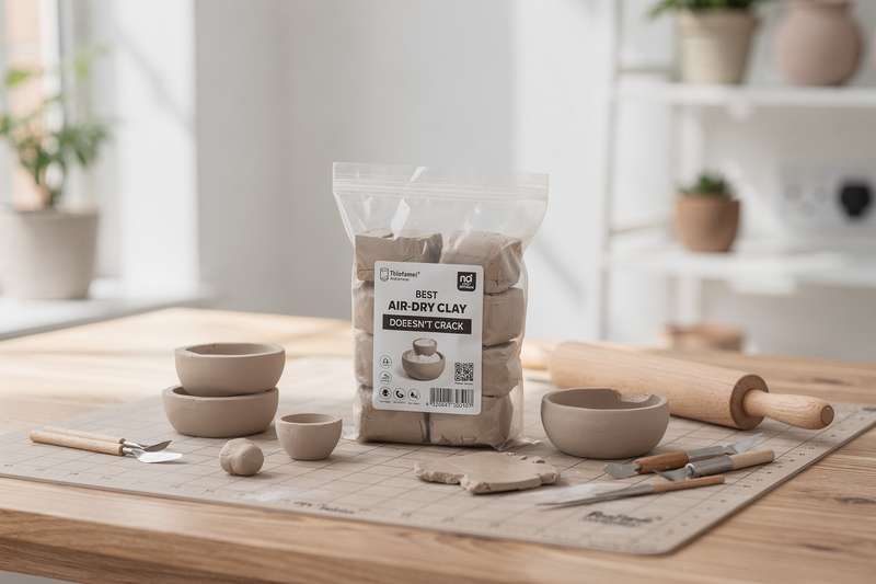 Assorted air-dry clay products in various colours arranged on a wooden surface for comparison.