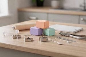 Colorful polymer clay blocks and finished handmade earrings displayed on a work surface.