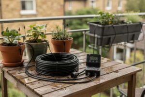 Compact drip irrigation system installed on a balcony with potted plants receiving water through individual emitter lines.