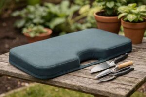 Gardener using a thick memory foam kneeling pad while weeding flower beds in a UK garden setting.