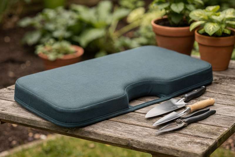 Gardener using a thick memory foam kneeling pad while weeding flower beds in a UK garden setting.