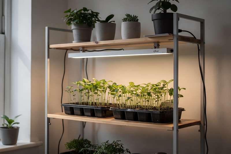 LED grow light mounted above seedling trays on an indoor shelf for early-stage plant growth.