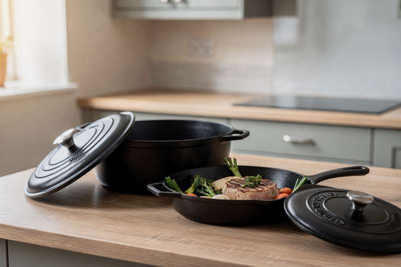 Cast iron skillet and Dutch oven arranged on a rustic kitchen countertop with cooking ingredients nearby.