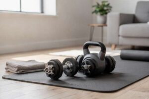 Adjustable dumbbells and weight plates arranged on a workout mat in a compact home gym setup.