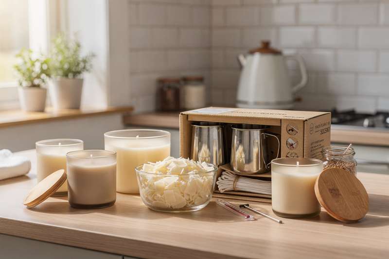Assorted candle making kit components including wax, wicks, and fragrance oils laid out on a wooden surface.