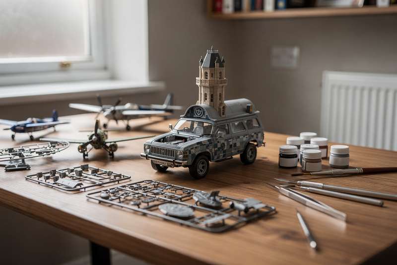 Assorted plastic scale models and building kits displayed with tools and instructions for adult hobbyists.