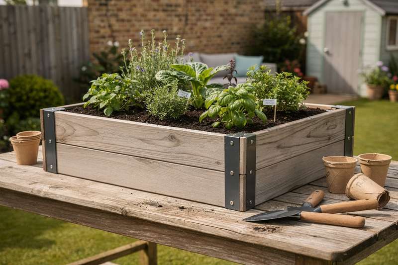 Wooden raised garden bed kit assembled in a backyard garden setting with soil and plants.