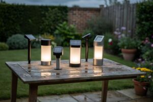 Solar garden lights arranged on a patio showing various stake and lantern styles suitable for British outdoor spaces.