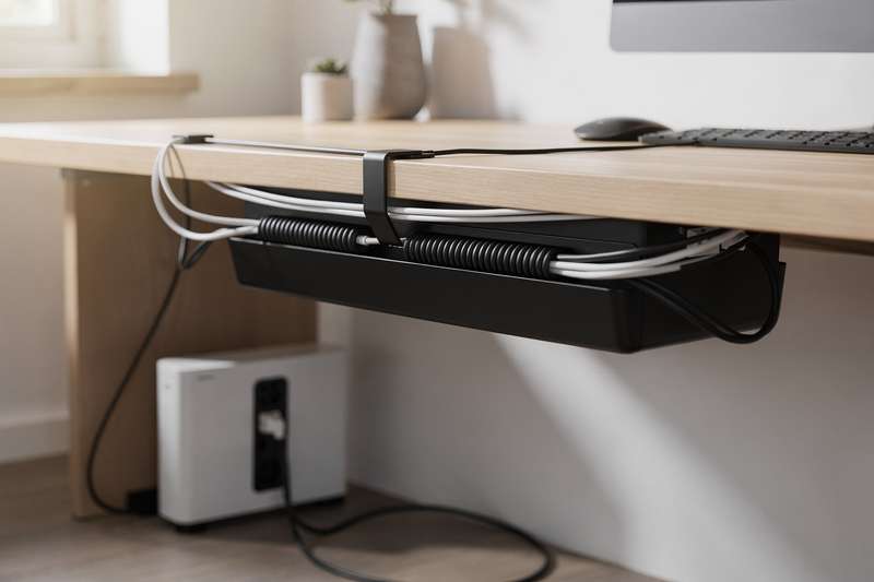 Organized desk setup with color-coded cable clips and wire channels keeping power cords neatly arranged behind monitor.