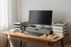 Organized desk with storage boxes, filing trays, and desk organizers creating a clean workspace.