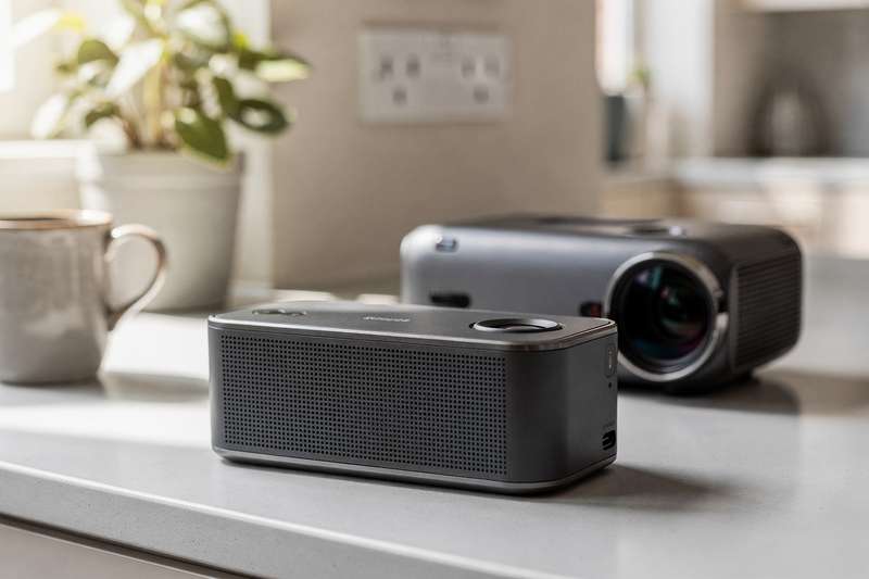 Top-rated portable speakers and video players arranged together on a wooden surface.