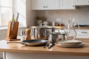 Modern kitchen essentials and elegant tableware arranged on a clean countertop for dining.