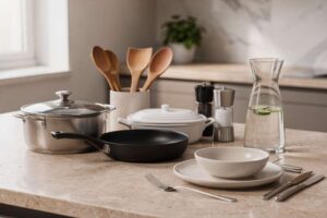 Essential kitchen tools and serving pieces arranged on a countertop for cooking and dining.