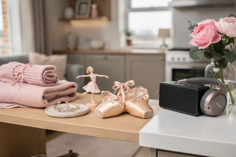 Curated selection of ballet pointe shoes, dance costumes, and training accessories displayed for gift-giving.