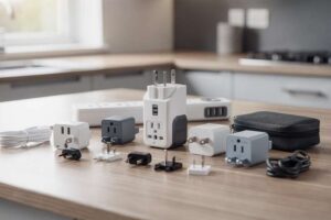 Compact travel adapters and USB chargers arranged on a wooden surface for international use.