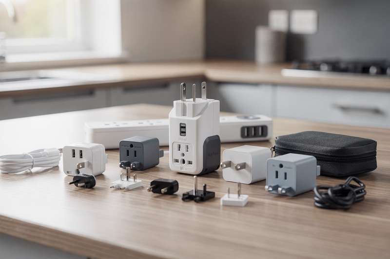 Compact travel adapters and USB chargers arranged on a wooden surface for international use.