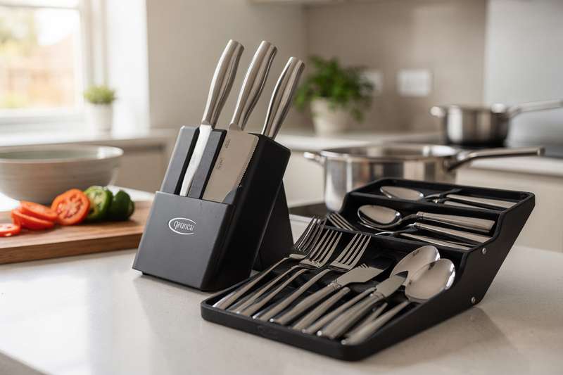 Selection of professional-grade kitchen knives and cutlery sets arranged on a wooden cutting board.