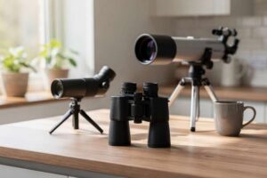 Premium optical equipment selection including binoculars and telescopes arranged for comparison and review.