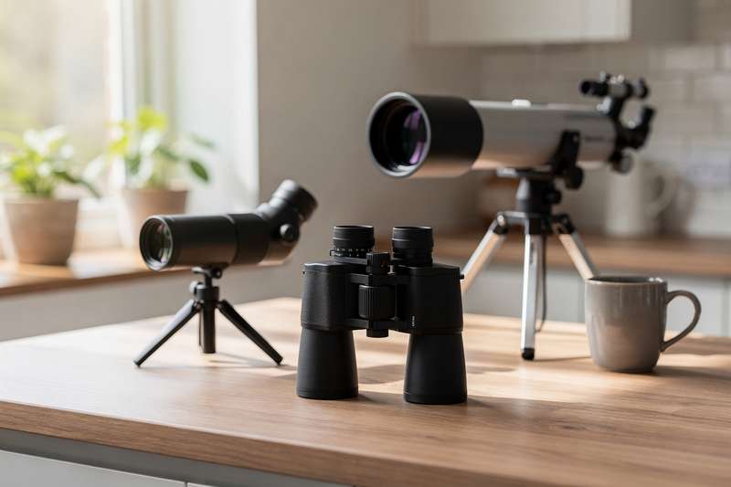 Premium optical equipment selection including binoculars and telescopes arranged for comparison and review.