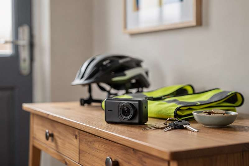 Compact action camera mounted on cyclist's chest harness capturing POV footage during outdoor ride.