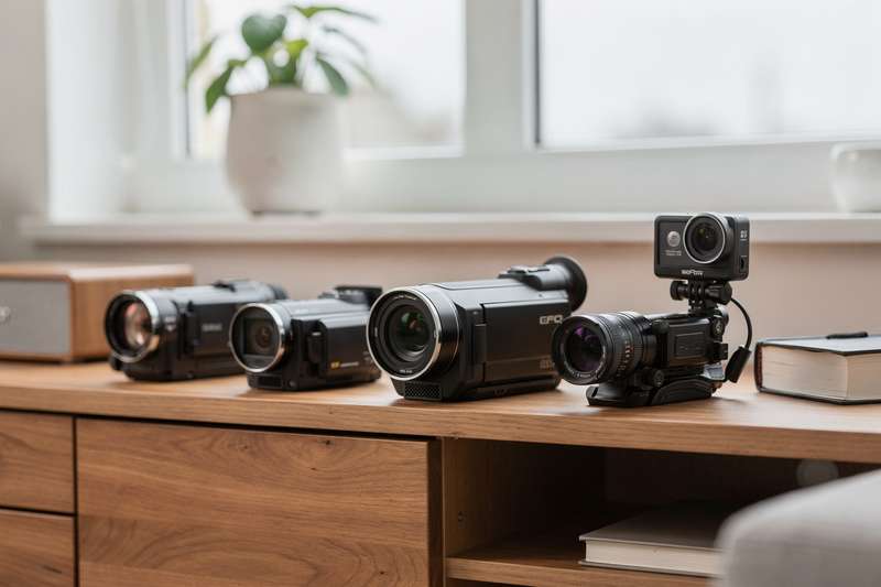 Professional and consumer camcorders displayed side by side showing various models available in the UK market.