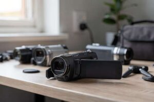 Budget-friendly camcorders arranged on a surface showing compact video recording options under £100.