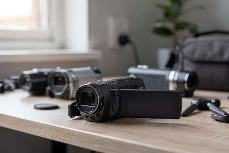 Budget-friendly camcorders arranged on a surface showing compact video recording options under £100.