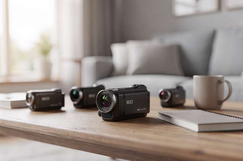 Compact camcorder models displayed on a comparison chart with price tags and specifications for UK consumers.