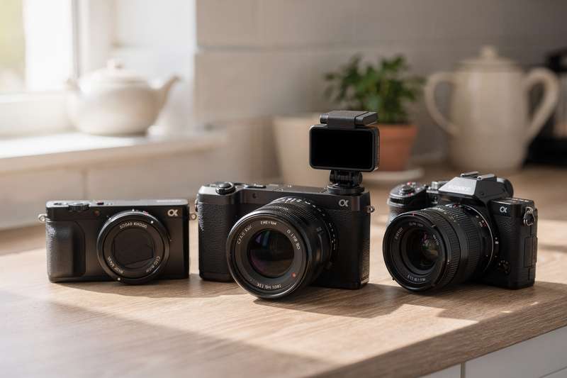 Selection of compact and mirrorless digital cameras displayed on a white surface for comparison.