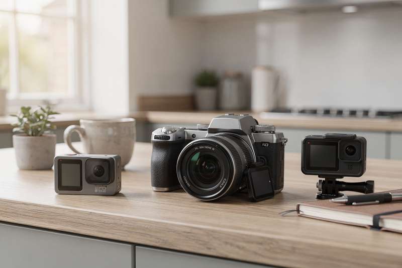 A selection of professional and compact digital cameras displayed on a neutral surface showing various models and sizes.