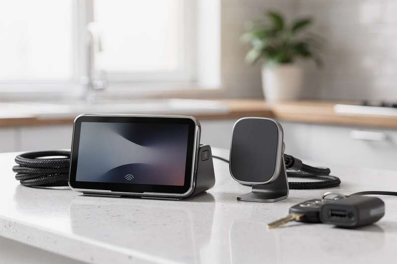 Modern smartphone integrated into vehicle dashboard display system with wireless connectivity features.