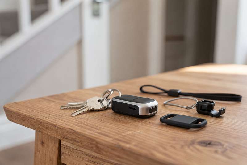Affordable GPS tracking devices and accessories displayed on a wooden surface with UK price tags.