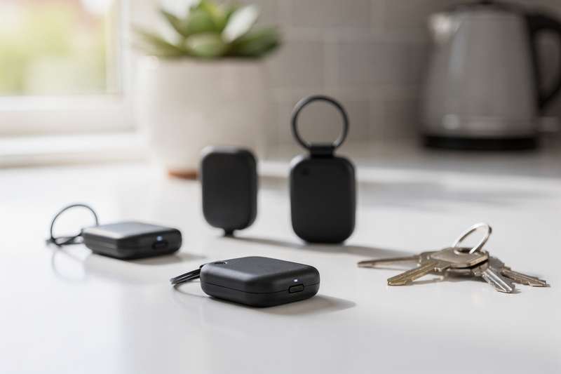 Compact GPS tracker devices displayed with UK maps and comparison charts showing features and pricing options.
