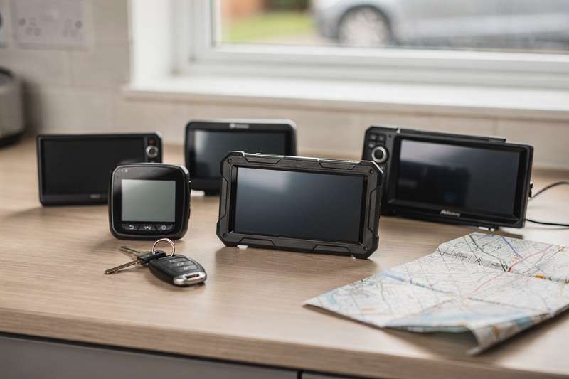 Selection of modern GPS navigation devices and sat nav units displayed on a dashboard and vehicle mount.