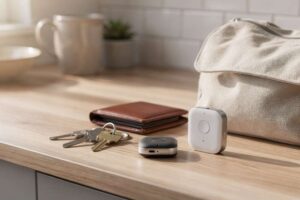 Bluetooth tracking devices attached to a keychain, wallet, and bag showing real-time location features.