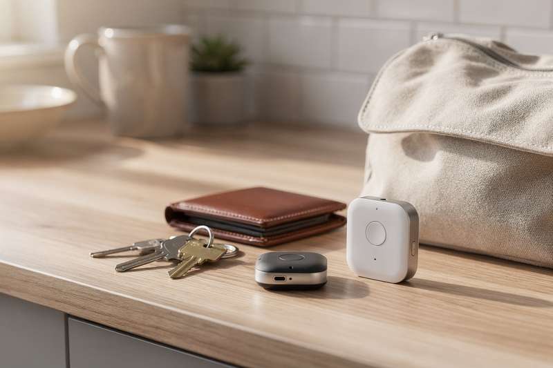 Bluetooth tracking devices attached to a keychain, wallet, and bag showing real-time location features.