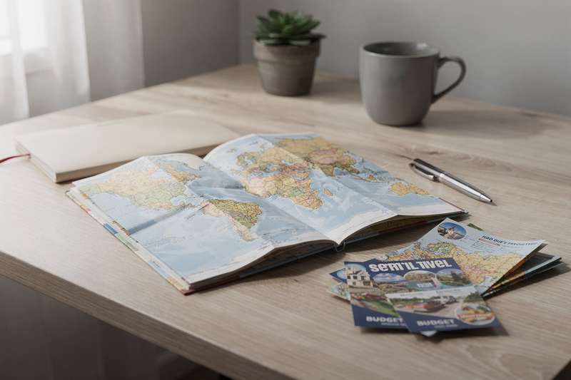 Colorful printed travel maps spread across a wooden table for budget-conscious explorers.