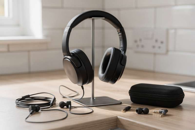 Selection of affordable over-ear and wireless earbuds displayed with charging cases and cables.