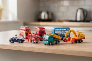 Colorful toy cars, trucks, and helicopters arranged together for children's playtime collection.