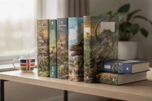 Colorful book covers featuring dinosaurs and ancient creatures displayed on a wooden shelf.